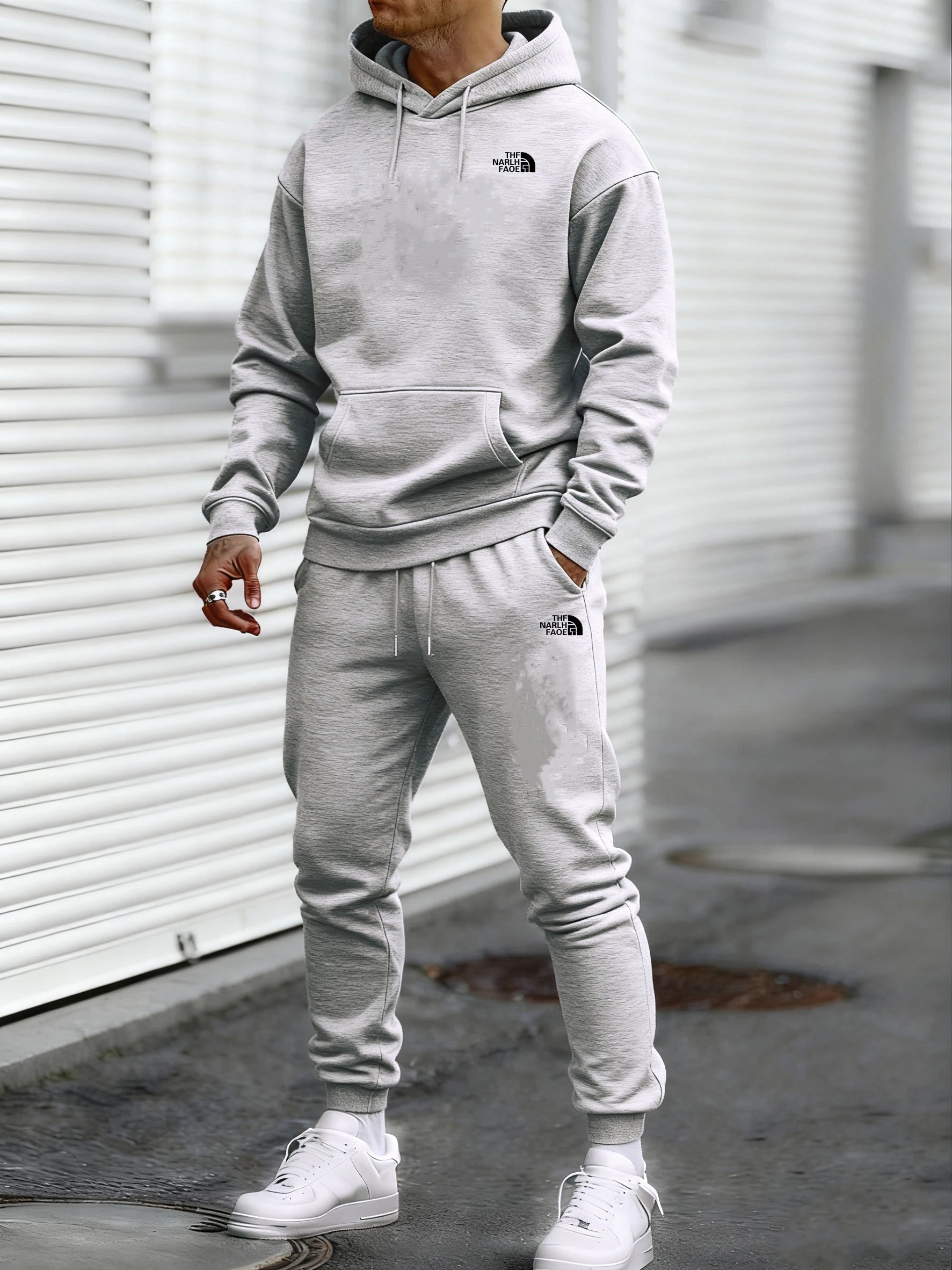 Men's Autumn and Winter Pattern Casual Two-Piece Set Hooded Sweatshirt and Pants withPockets Regular Fit Qutdoor Sport Suit - ATFH