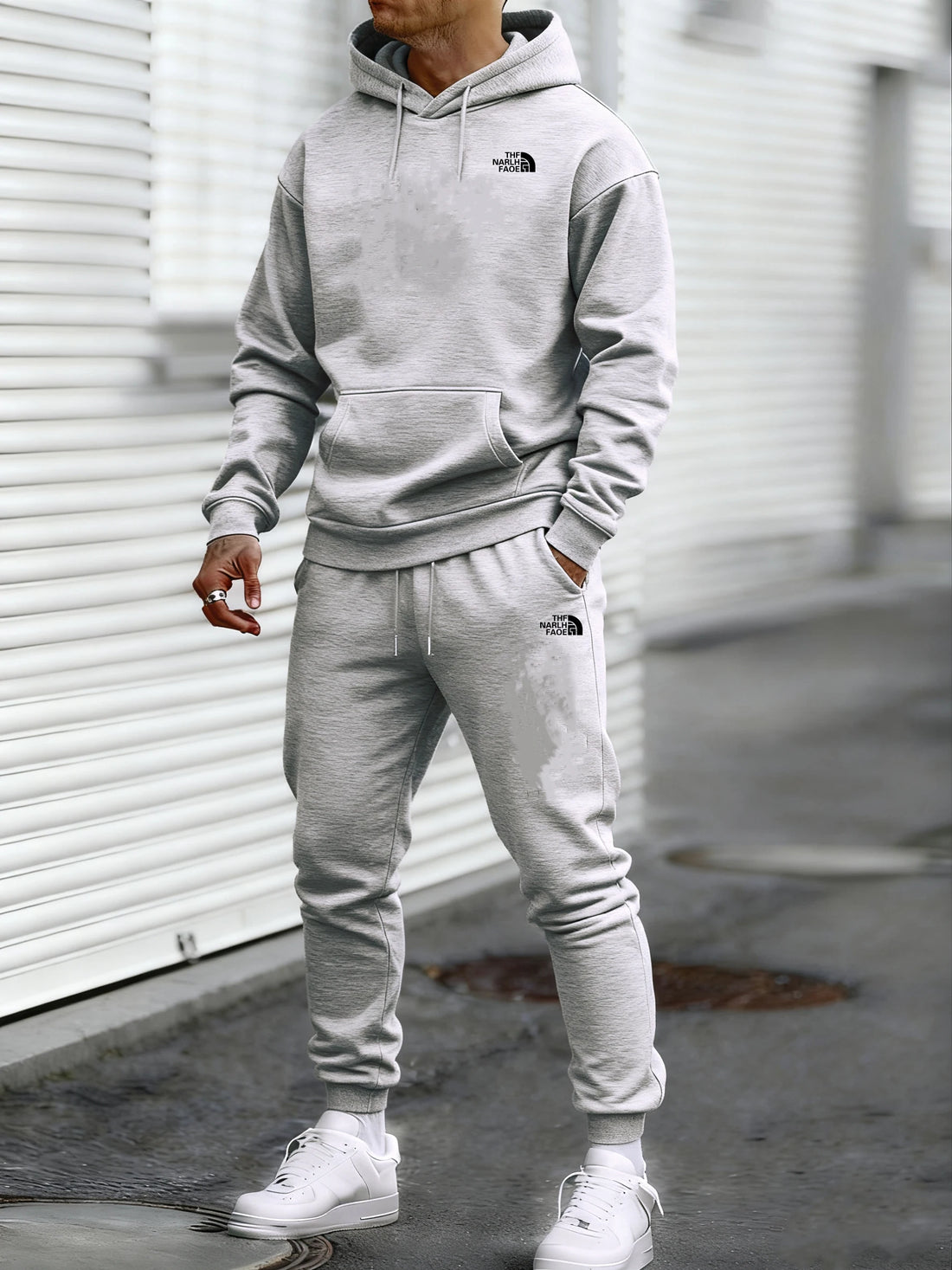Men's Autumn and Winter Pattern Casual Two-Piece Set Hooded Sweatshirt and Pants withPockets Regular Fit Qutdoor Sport Suit - ATFH