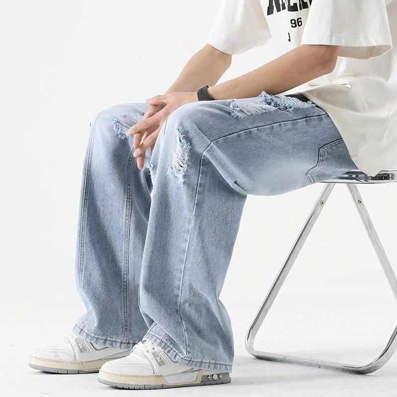 Men's Summer Ripped Jeans Loose Straight Leg Retro Men Draw Rope Port Fashion Brand All-match Casual Pants ATFH