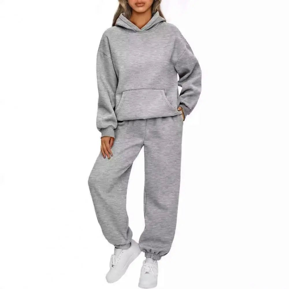 Women's Tracksuit Suit Winter Fashion Warm Hoodie Sweatshirts Two Pieces Oversized Solid Casual Hoody Pullovers Long Pant Sets