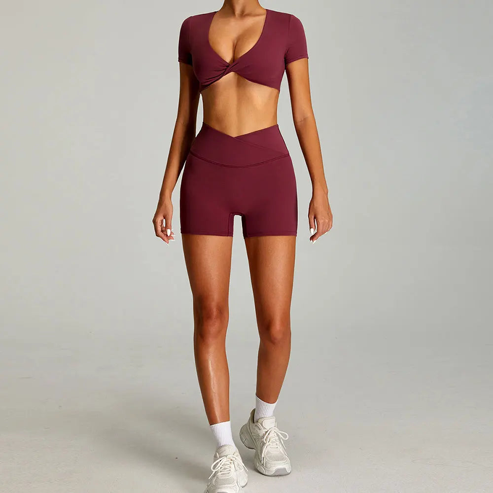 mikeyoga Women Yoga Suit 2PCS Sports Set Quick-Drying Gym Set Women Tracksuit Running Workout Short Sleeves Sports Yoga Clothing - ATFH