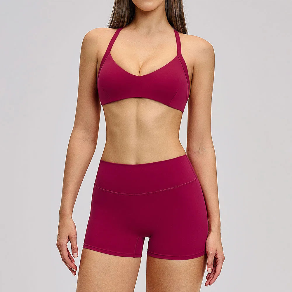 Women's Yoga Suit Breathable Quick-drying Gym Push Up Sports Set Shockproof Bra Hip Litting Leggings Shorts 2-piece Sports Set - ATFH