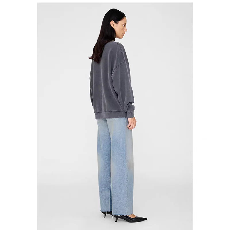 2026 Spring Autumn New Classic Letter Printing, Washing Water, Frying Colors, Old Black and Gray Women's Sweatshirt Pullover - ATFH
