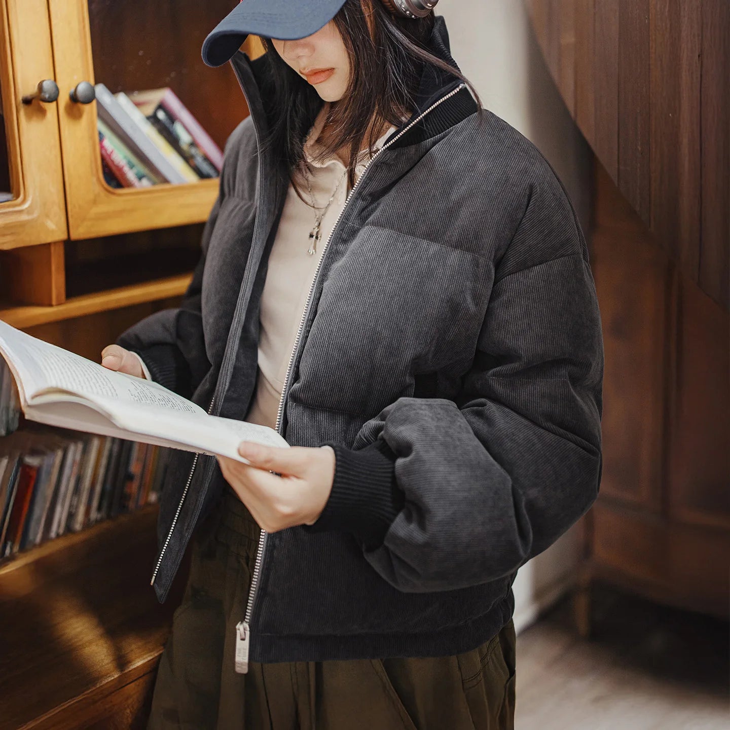 Maden Women Corduroy Down Jacket 90% Duck Down Warm Short Puffer Coat Knit Stand Collar Drawstring Hem Winter Thick Outerwear ATFH