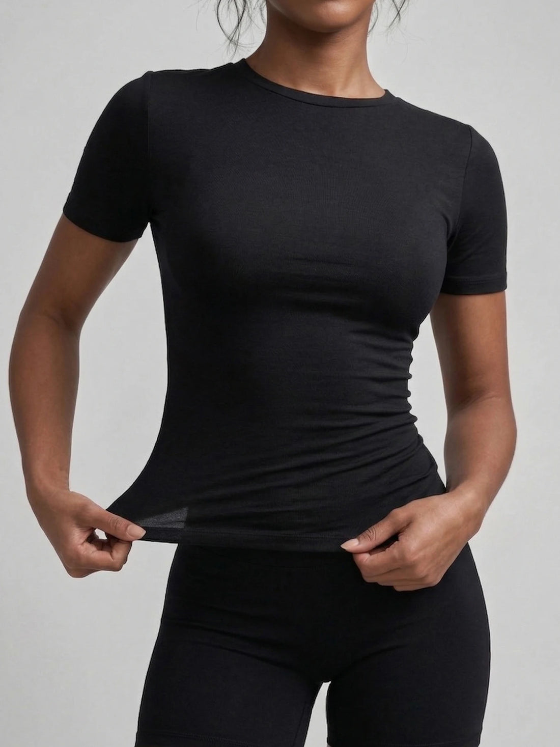 Women's Casual Solid Color Black and White Short-Sleeve T-Shirt Top - ATFH