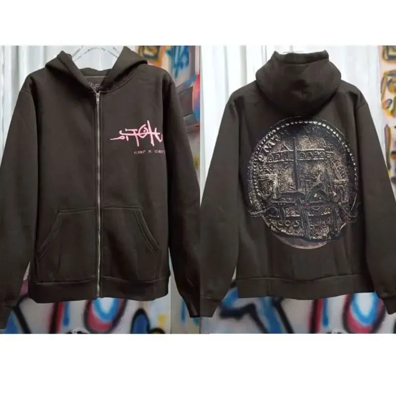 Winter Brown Fleece Utopia Jackets High Quality Vinatge Print Zipper Hoodie Hiphop Street Cactus Jack Hoodys Men Women Cleanfit - ATFH