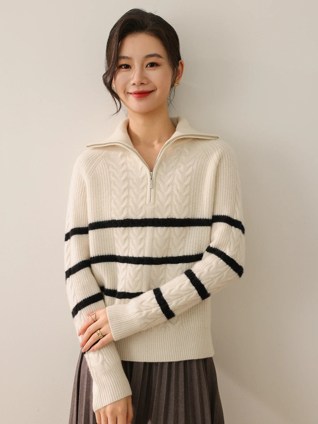 New Ladies Pullover 100% Merino Wool Loose Striped Color Blocking Sweater Autumn Winter Knit Thick Clothing Warm Soft Casual Top - ATFH