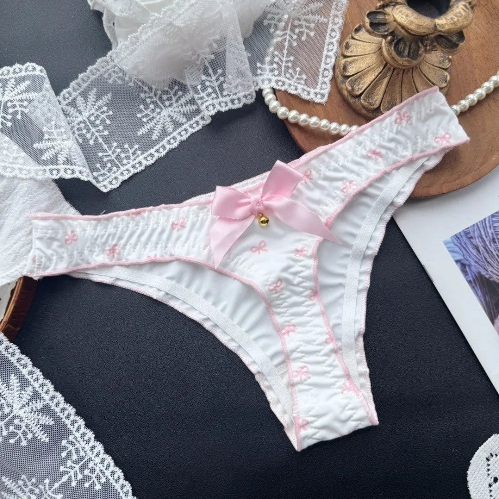 Japanese Style Sweet Bow Women Panties Ruffle Low Waist Girls Briefs Flower Ice Silk Printed Underwear Students