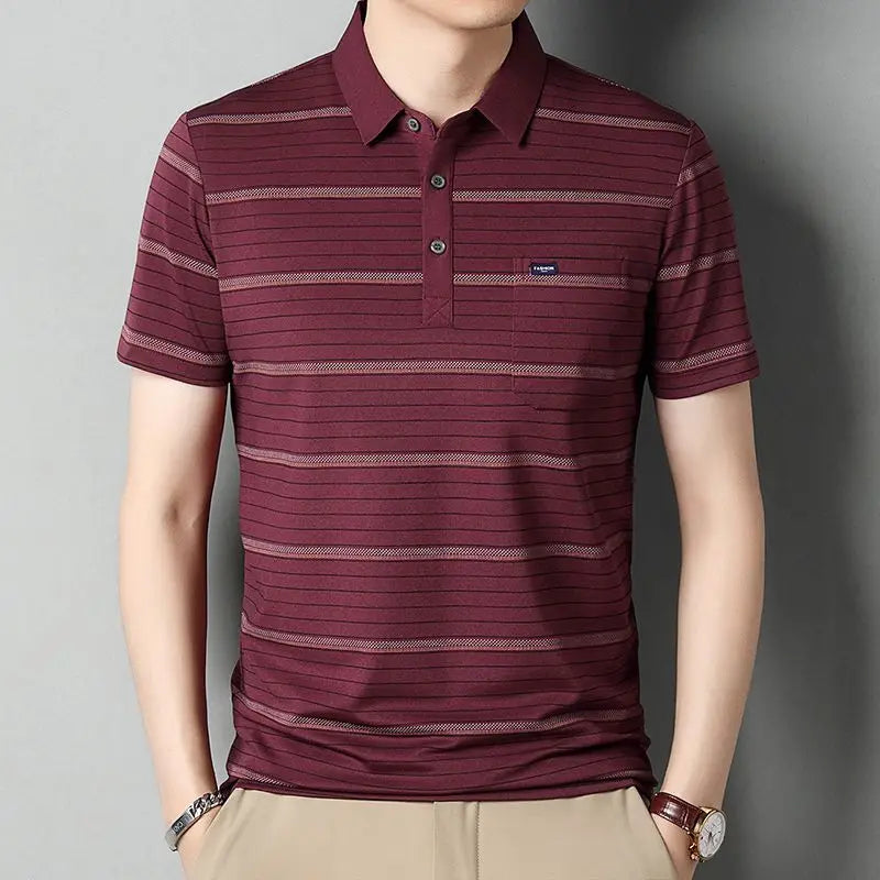 Men Striped Short Sleeve Polo Shirt Slim Fit Casual Business T Shirt With Small Label Decor