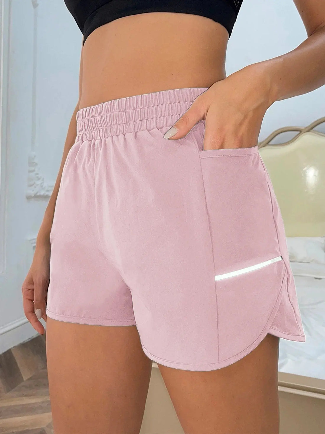 Women's new shorts with mobile phone pocket, elastic waist, sports belt, reflective strips, casual fashion sports shorts Tahsi Fashion House
