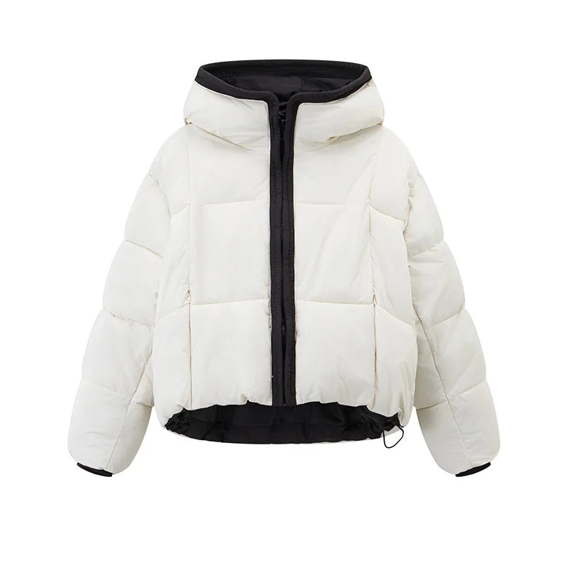 Two-Tone Cotton Padded Jacket 2025 Winter Short Hooded Coat Women Loose Thickened Casual Parka with Drawstring Hem Petite Sizes