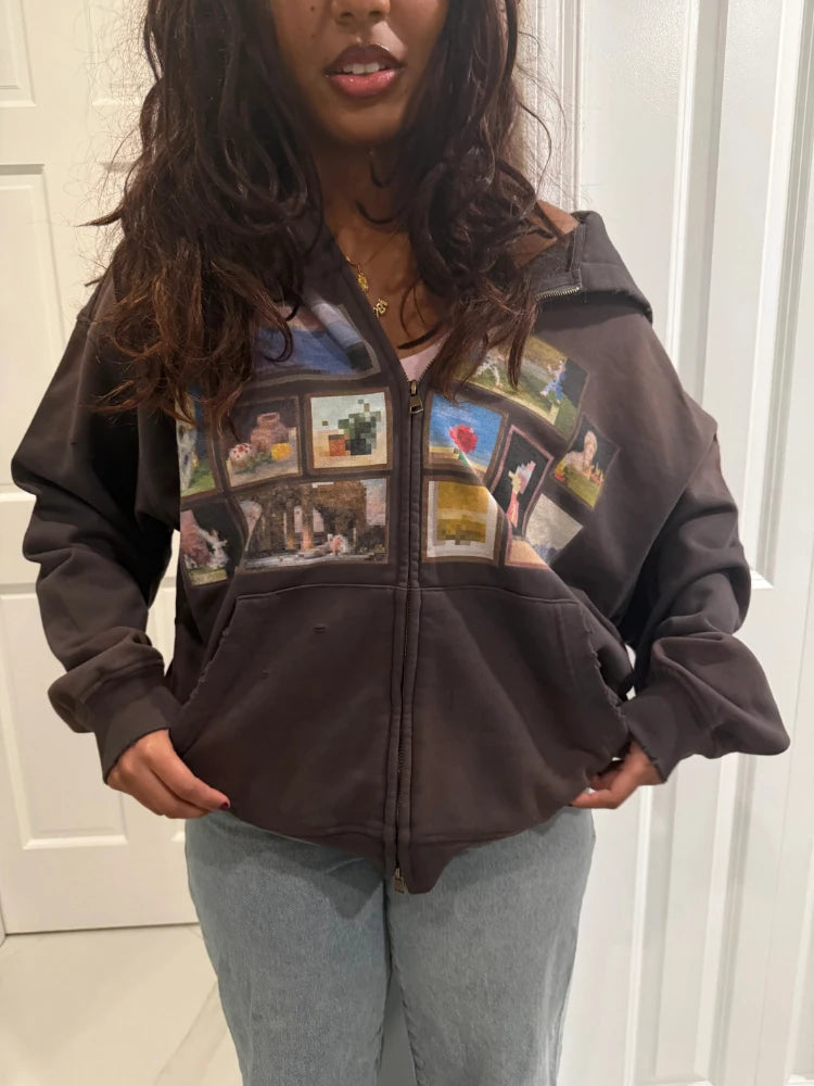 Y2K Retro Gallery Hoodie Brown Pixel Painting Art Pattern Zip Up Sweatshirt Trendy Classic Streetwear Unisex Oversize Clothing - ATFH