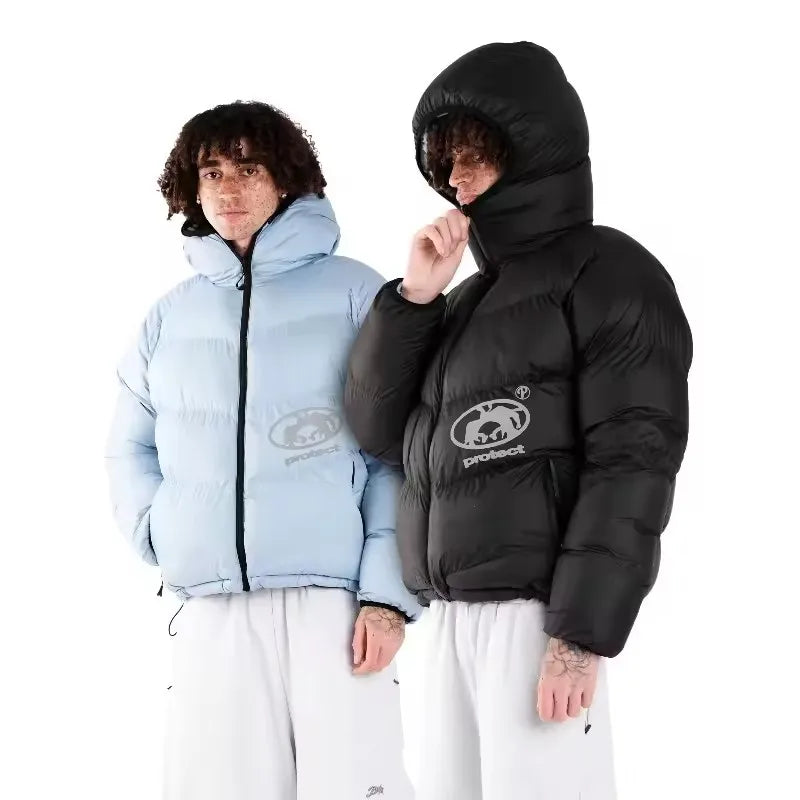 Streetwear Casual Blue Black Reversible Puffer Jacket Men Women Heavy Hooded Detail Fashion Coat Top Loose Fit Warm Y2K