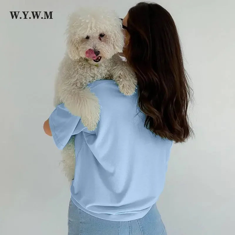 WYWM 100% Cotton Tshirts Women 2024 Summer Harajuku Solid Basic T Shirts Loose Casual O Neck Tees Green Soft Female Tops - ATFH
