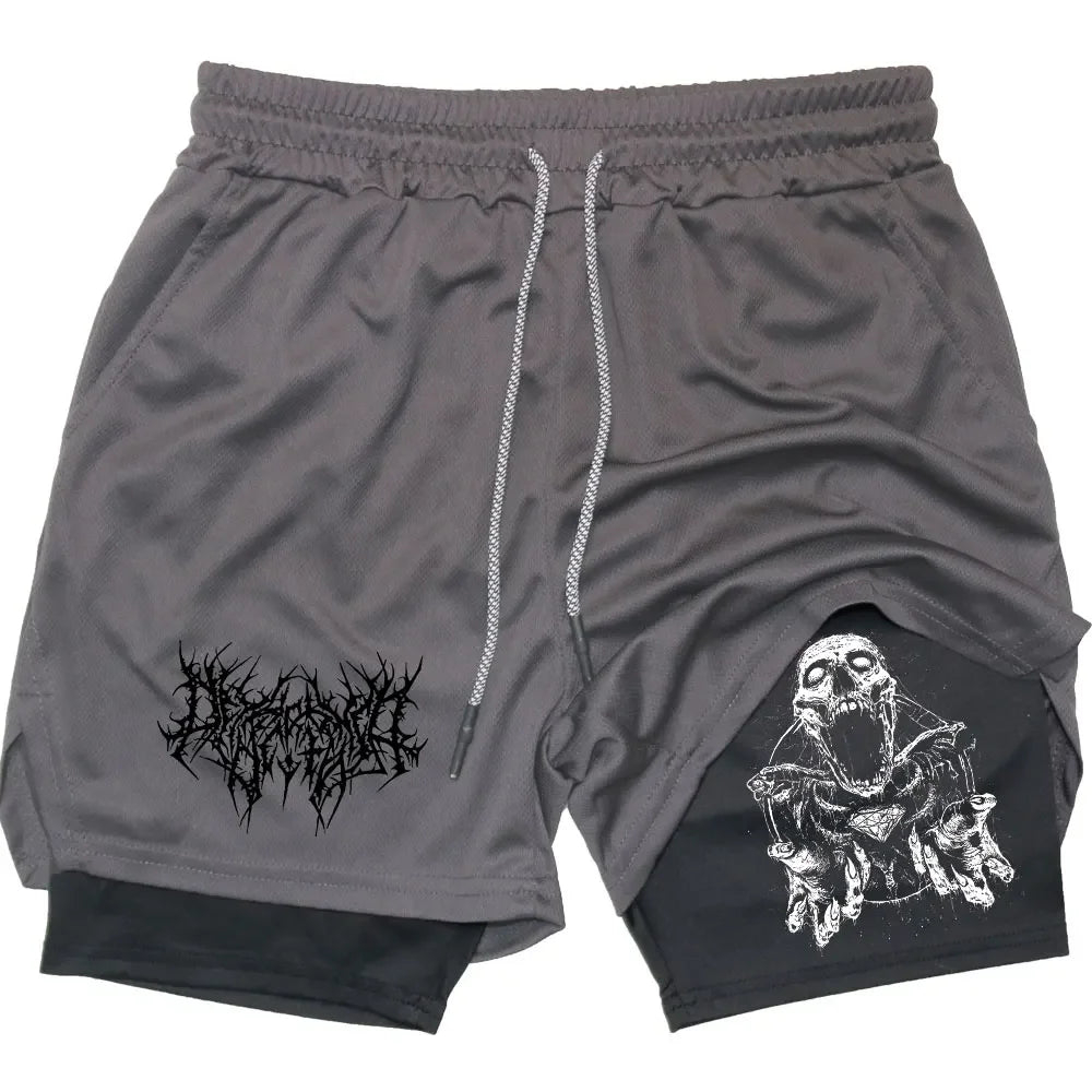Shorts Men Quick-drying Fitness Skull Print Double Layer Shorts Workout Training Running Bodybuilding Sportwear