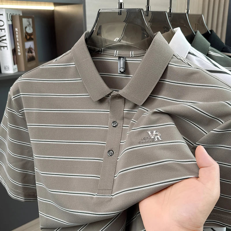 Fashion luxury letters embossed short sleeve polo shirt men's high-quality brand casual breathable summer new striped T-shirt