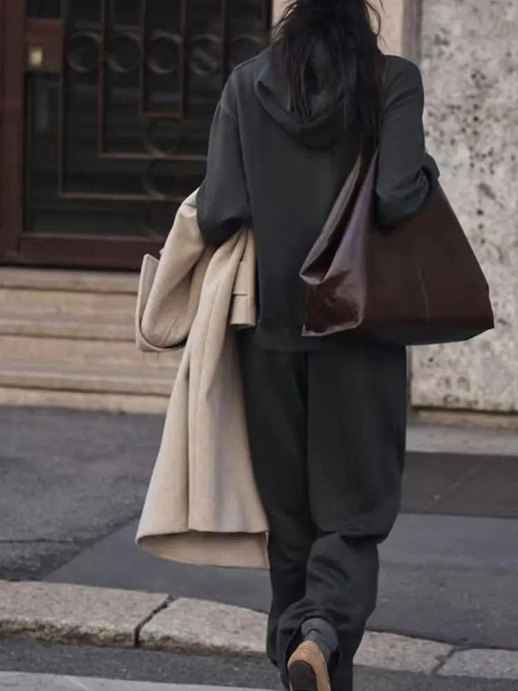 Women Solid Casual Sweatshirt Pant Suit Long Sleeve Hooded Fleece Pullover Coat Loose Straight Trousers Office Lady Sets