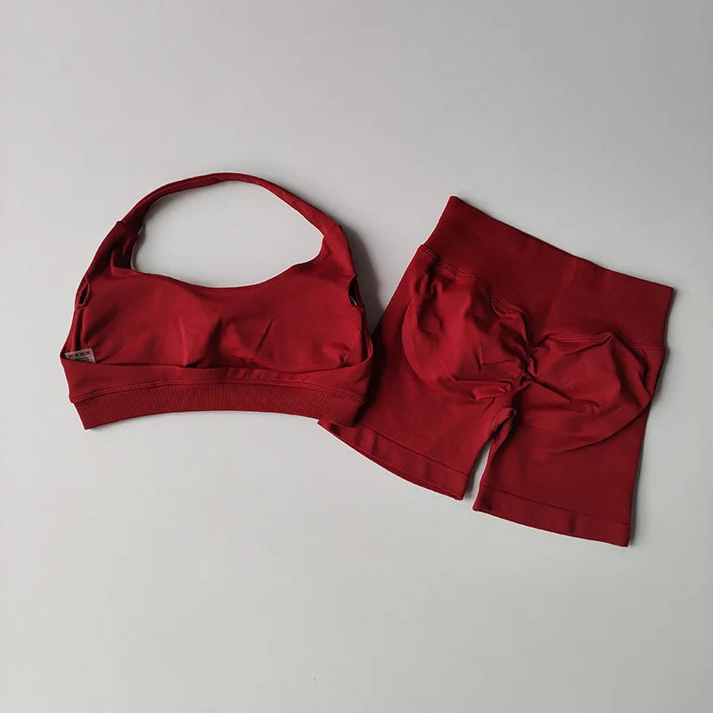 2 Pieces Yoga Suit for Women Seamless Fitness Gym Clothes Halter Sports Bra Matching Impact Shorts Workout Sets Gym Outfit - ATFH
