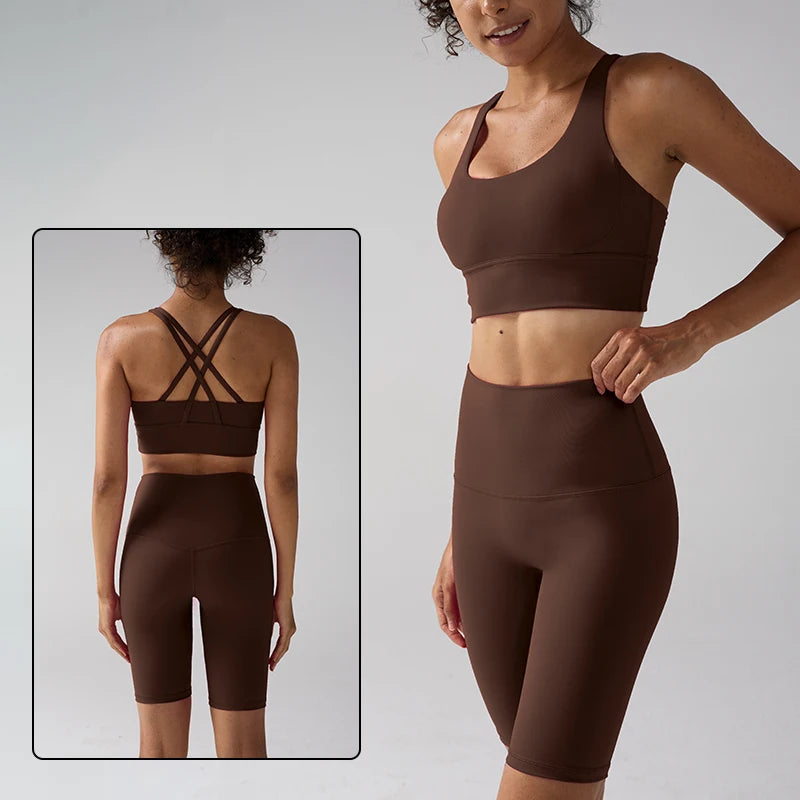 Women's 2 Piece Yoga Gym Sports Clothes Set Cross Back Bra Top with High Waist Shorts Fitness Running Workout Tracksuit - ATFH