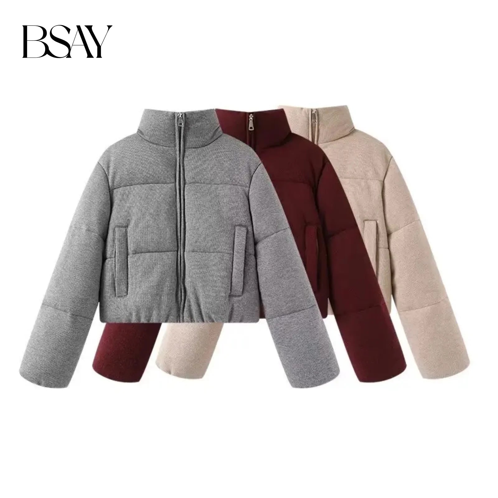 BSAY Knitted Cotton Jacket for Women Fashion Autumn Winter New Long Sleeved Stand Collar Zip Short Coats Chic Ladies Tops Mujer ATFH