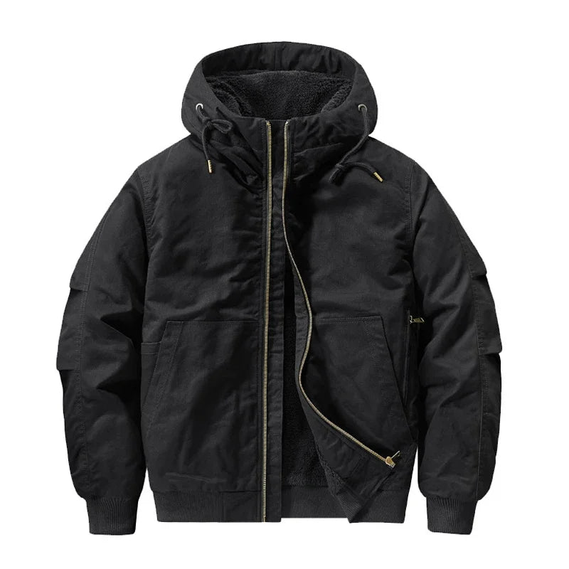 Winter Men's Fleece Warm Bomber Jackets Fashion Men Cotton Thermal Tactical Hooded Coats Men Multi-pocket Windbreaker Jacket 6XL