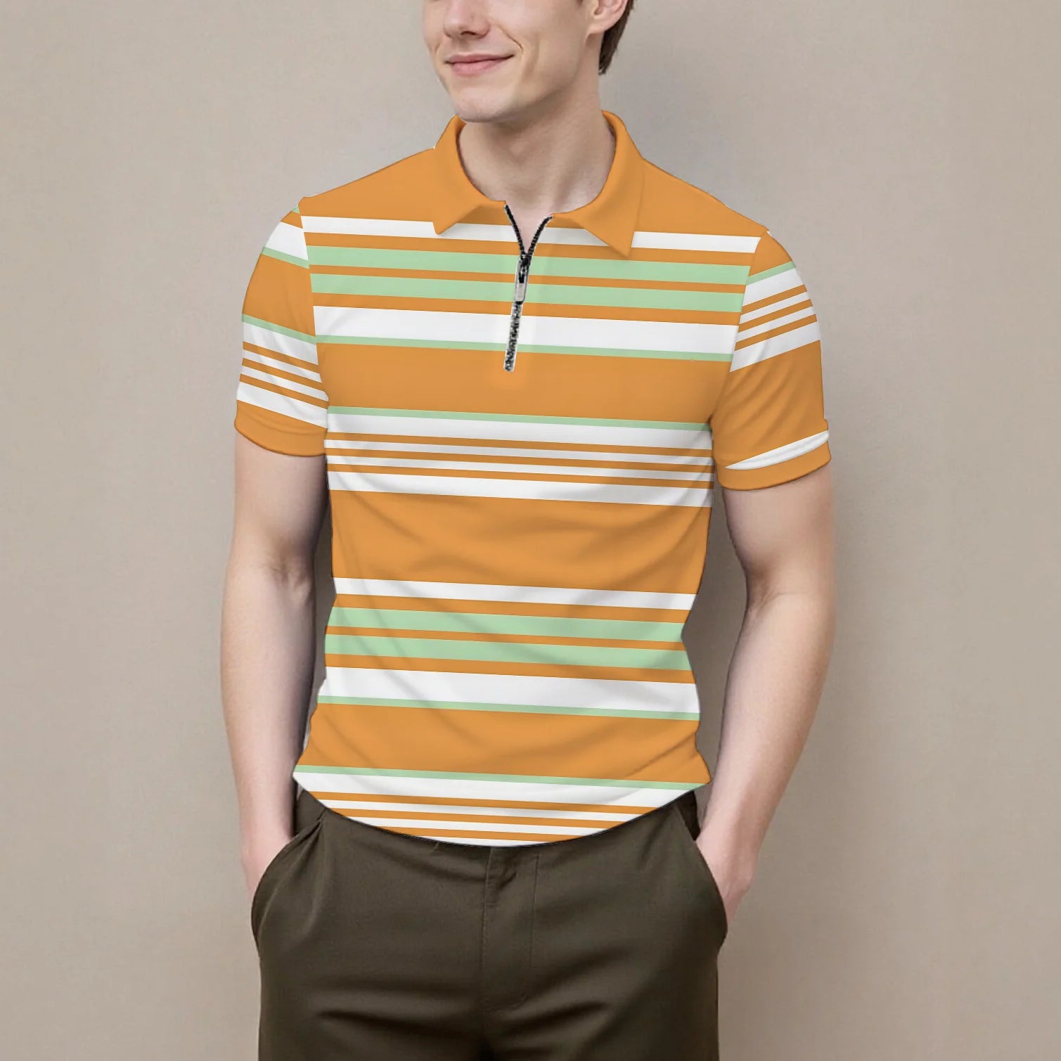Summer men's polo shirt new summer short sleeve zipper stripes casual fashion versatile lapel men's business formal occasions