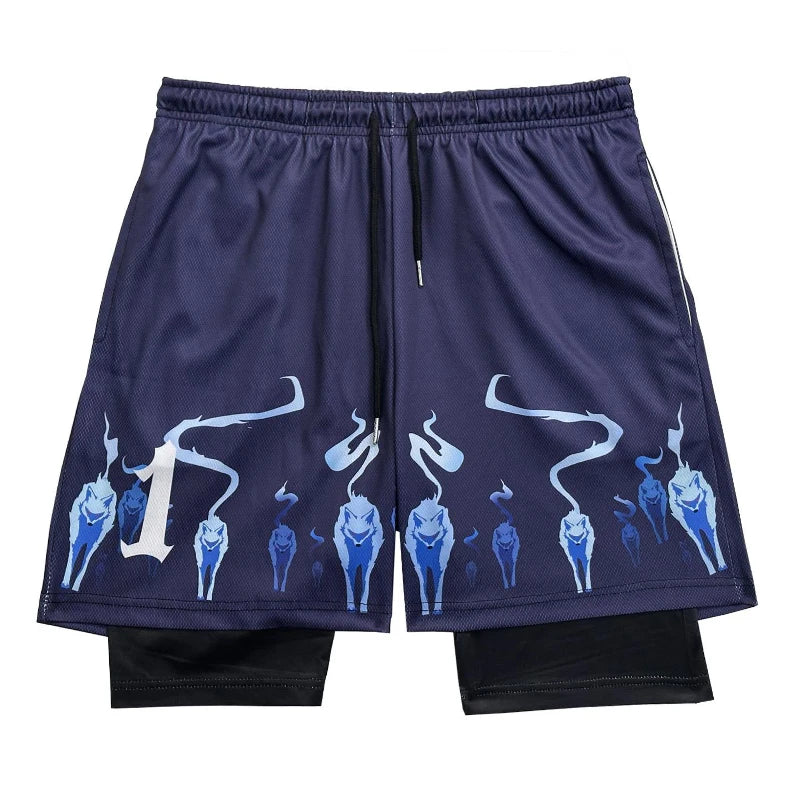 3D Print 2 in 1 Running Workout Shorts for Men Gym Compression Shorts with Side Pockets Summer Athletic Quick Dry Activewear