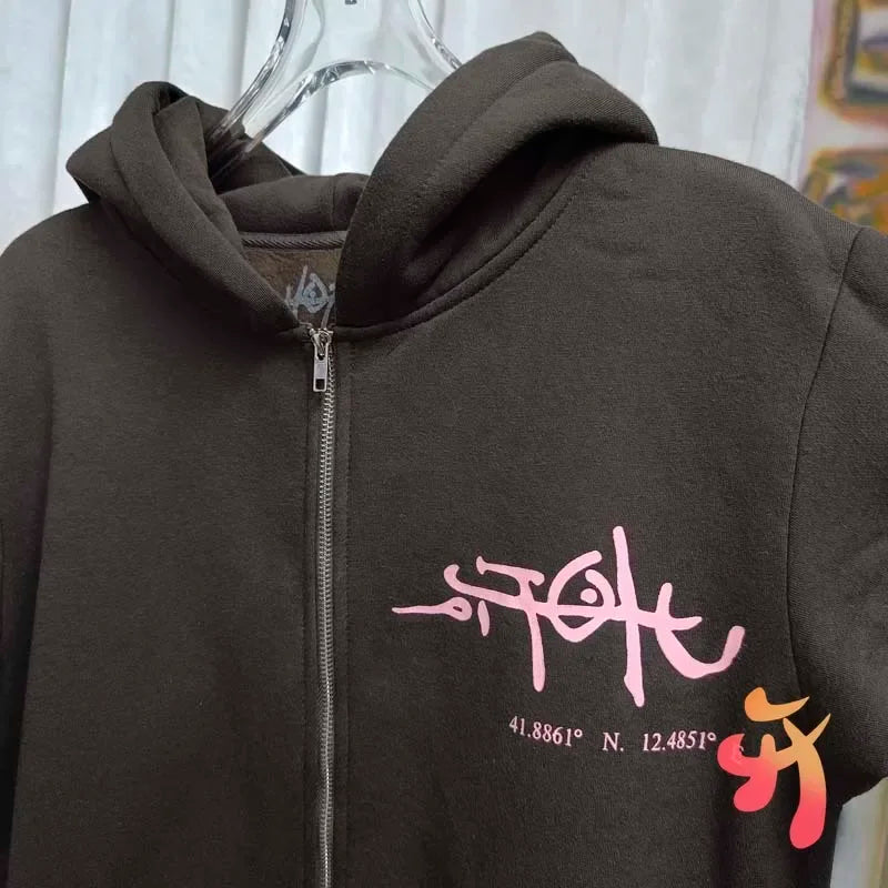 Winter Brown Fleece Utopia Jackets High Quality Vinatge Print Zipper Hoodie Hiphop Street Cactus Jack Hoodys Men Women Cleanfit - ATFH