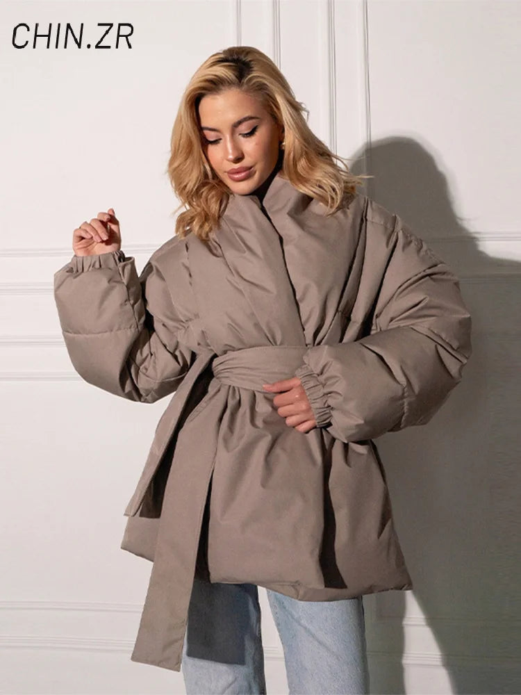 Casual Lace Up Women Winter Coats 2025 Belt Stand Collar Zipper Full Sleeve Kimono Jacket Lady Solid Thick Warm Outwear New ATFH