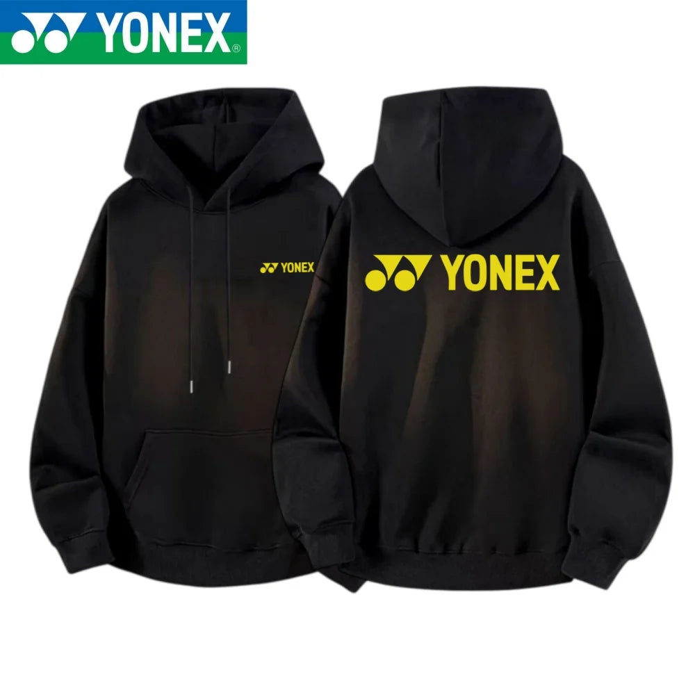 YONEX 2026 cotton hooded jacket with multi-color logos printed on the front and back, suitable for outdoor sports such as badmin