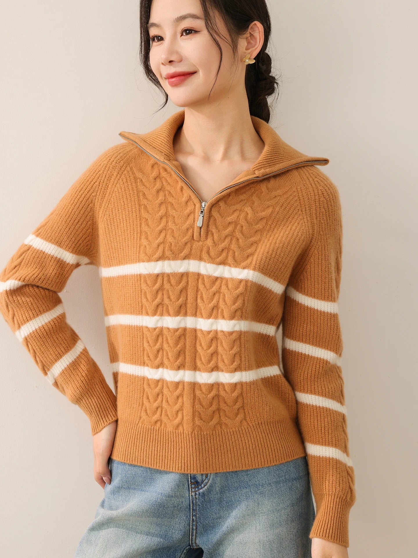 2025 New Women's Heavyweight Zipper High-Neck Sweater 100% Merino Wool Striped Pullover Long Sleeve Loose-Fit Warm Smart - ATFH