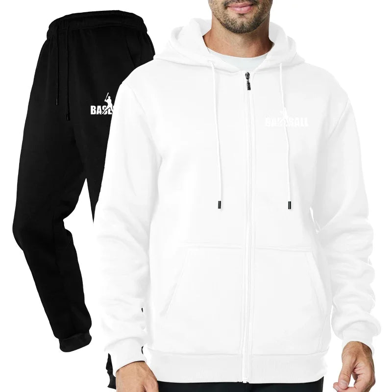 2025 Autumn and Winter New European and American Casual Zipper Sports Hat Set Fleece Solid Color Pants with Sweater for Men - ATFH