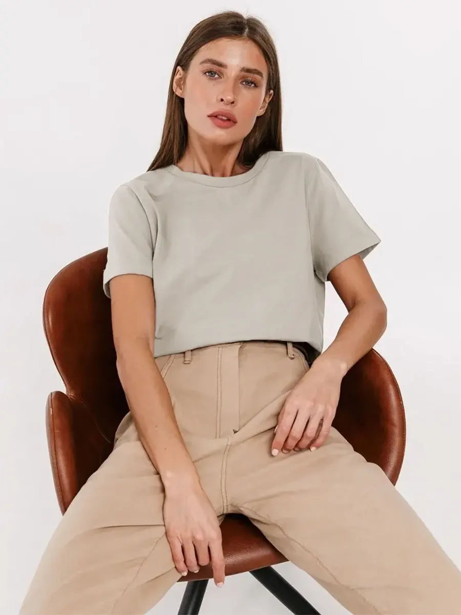 Bornladies Summer 100% Cotton Women's T-shirt Bottoming Basic Fashionable Solid Lady Short Sleeve Loose Tops Shirts 230g/㎡ Tops - ATFH