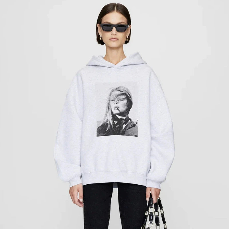 Autumn and Winter New Women's Beauty Graphic Print Hoodie long sleeve relaxed fit hoodie sweatshirt female grey - ATFH