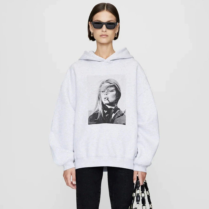 Autumn and Winter New Women's Beauty Graphic Print Hoodie long sleeve relaxed fit hoodie sweatshirt female grey - ATFH