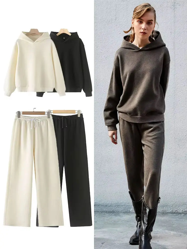 HH Trendy Solid Sweatshirt Set For Women Long Sleeves Causal Hooded Sweatshirt+Drawstring High Waist Straight Pants