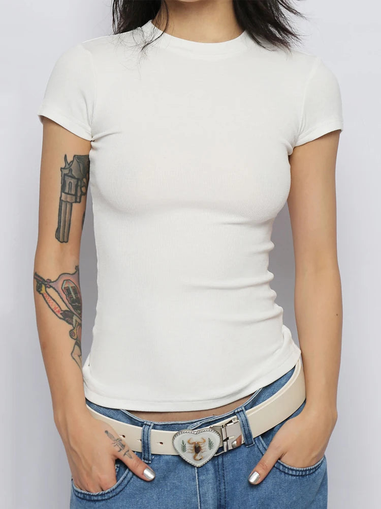 Solid Basic Short Sleeve T-shirts Women Casual Summer Simplicity Female Korean All-match Tops O-neck Black White Skinny Shirt - ATFH
