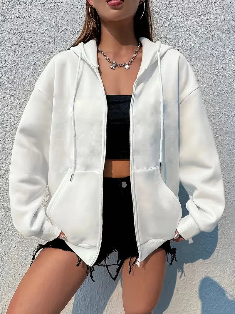 Black White Women's Zipper Hoodies Jacket Cotton Fleece Hoody Sweatshirt Pullover Autumn Winter Oversized Loose Tops Coat Unisex - ATFH