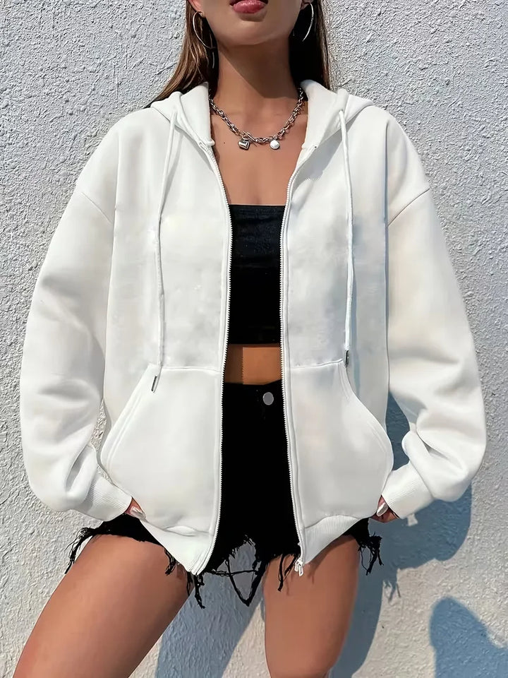 Black White Women's Zipper Hoodies Jacket Cotton Fleece Hoody Sweatshirt Pullover Autumn Winter Oversized Loose Tops Coat Unisex - ATFH