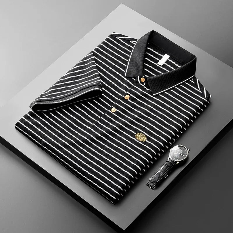 Men's short sleeved slim fit letter embroidered lapel T-shirt summer light luxury thin ice silk light cotton striped polo shirt