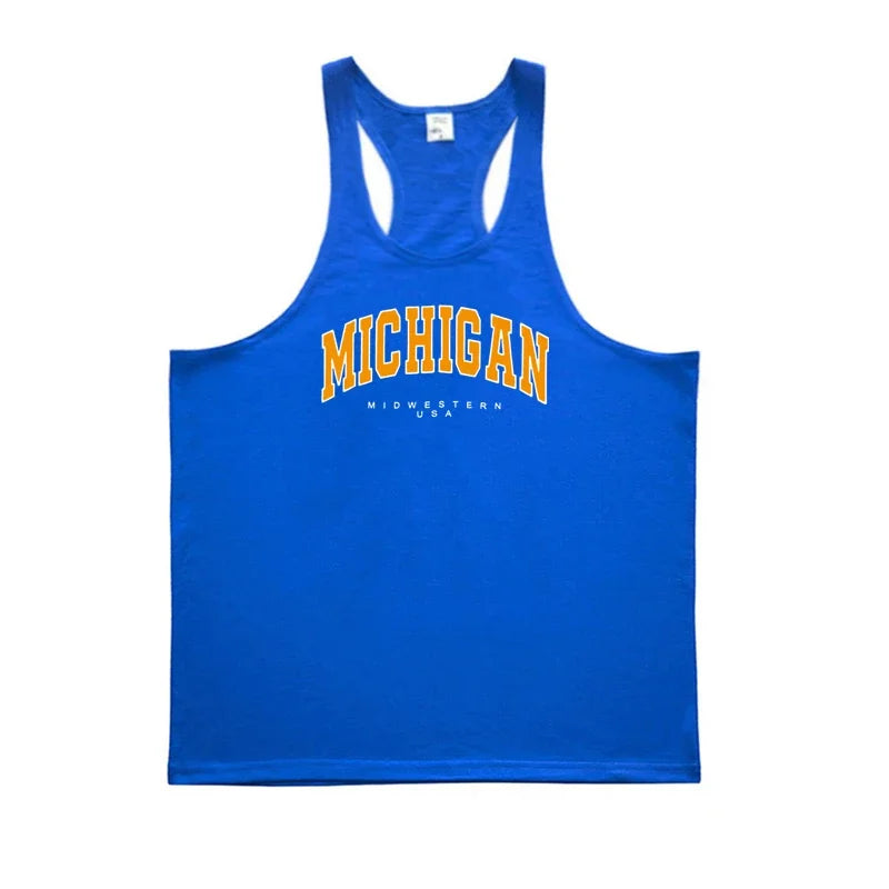 Michigan Midwestern USA Print Sport Tank Tops Mens Fitness Y-Back Cotton Sleeveless Shirt Gym Bodybuilding Muscle Stringer