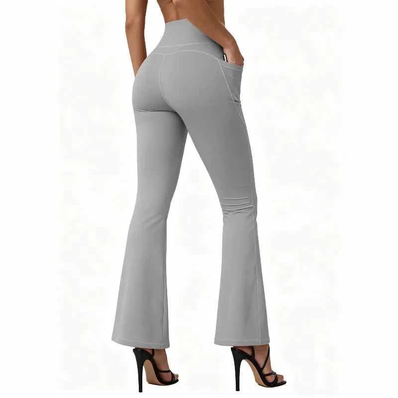 High Waisted Flared Yoga Leggings Women Butt Lifting with Pocket Design Wide Leg Leggings Running Tights Plus Size Gym Pants ATFH