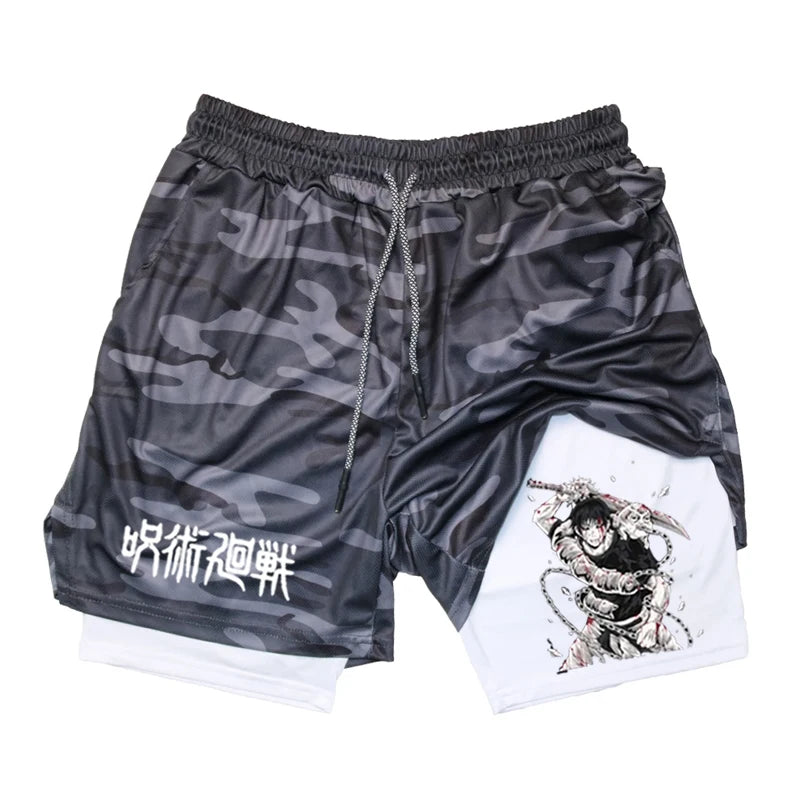 Anime Performance Shorts Toji Printed Men GYM Casual Sports Shorts Workout Running Mesh 2 In 1 Sport  Pants