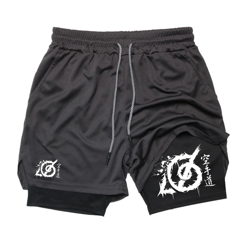 Karate Graphic 2 in 1 Workout Running Shorts for Men Gym Athletic Sport with Compression Liner Phone Pocket Towel Loop
