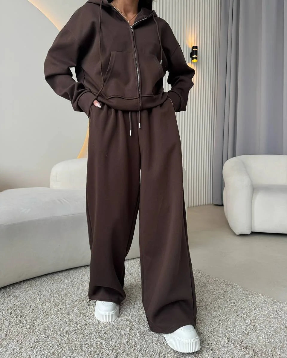 Cotton Hoodies Sweatshirt Two-piece Suit Women Casual Sports Sets Autumn Zip-up Short Coat Straight Trousers Loose 2-piece Sets