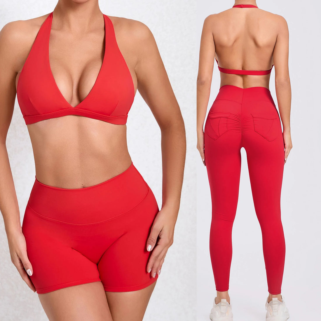 Workout Set for Women Quick Dry Yoga Outfit Seamless Sports Bra High Waist Gym Leggings with Pockets Running Fitness - ATFH