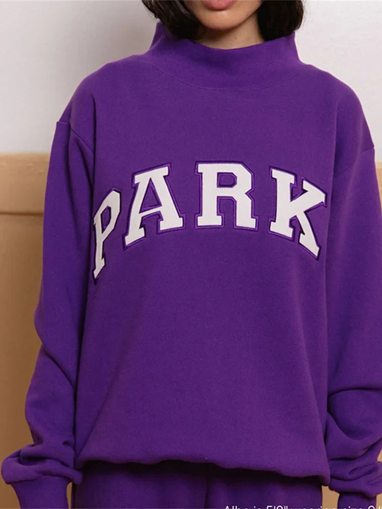 Purple Women Stand Collar Long Sleeve Cotton Sports Pullover Tops Letter Embroidery Sweatshirt - ATFH