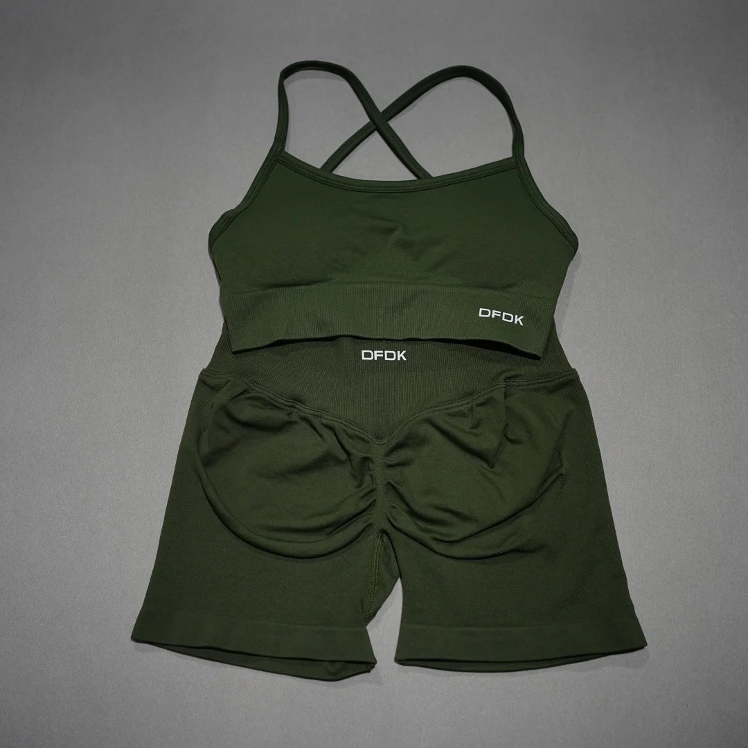 DFDK Women's Seamless 2 Piece Workout Set Lace Up Sports Bra High Waist Short Leggings Yoga Gym Running Cycling Activewear