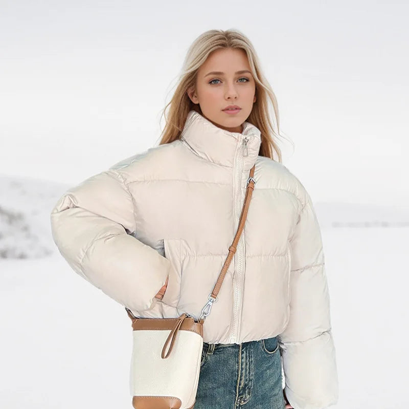 2024 Women's Winter Puffer Jacket Stand-up Collar Cropped Quilted Jacket Splashproof Water Repellent Windproof Down Cotton Coat