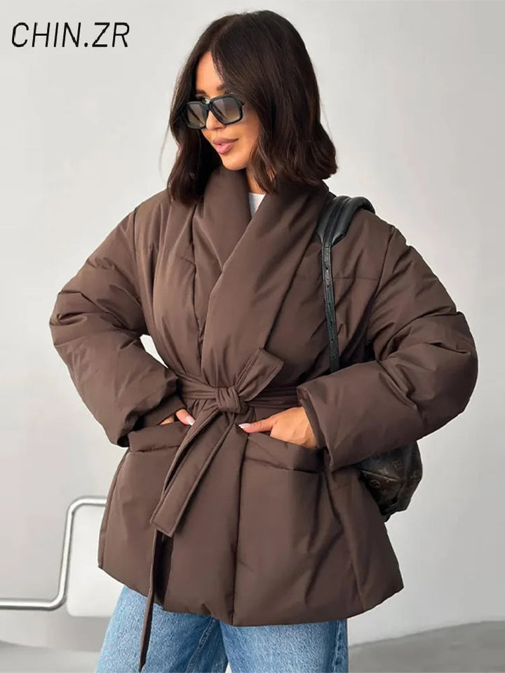 Casual Lace Up Women Winter Coats 2025 Belt Stand Collar Zipper Full Sleeve Kimono Jacket Lady Solid Thick Warm Outwear New ATFH